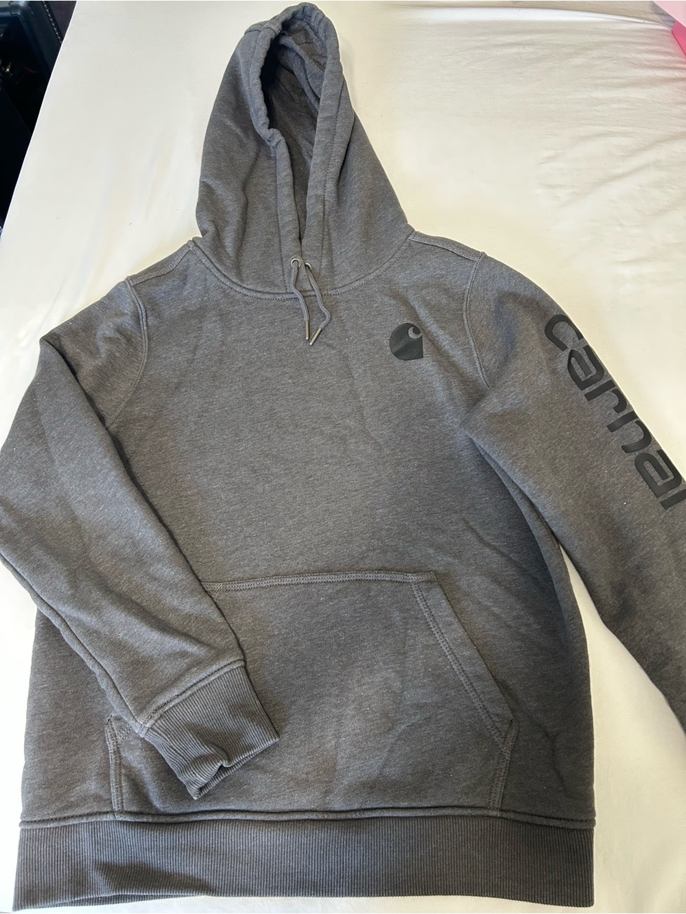 Carhartt Gray Hooded Pullover Sweatshirt with Sleeve Logo